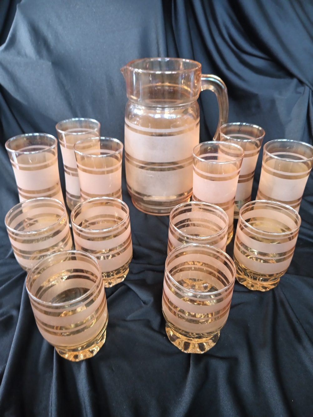 13 Pieces Vintage Amber Etch Striped Glass Pitcher and Tumbler Set - Home Dining